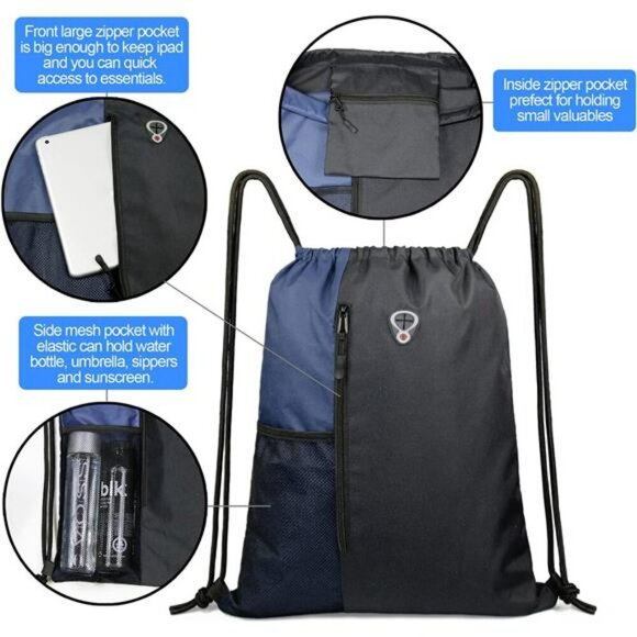 Large Drawstring Gym Bag with Zipper Pockets for Sports Travel Men Women - Picture 4 of 7